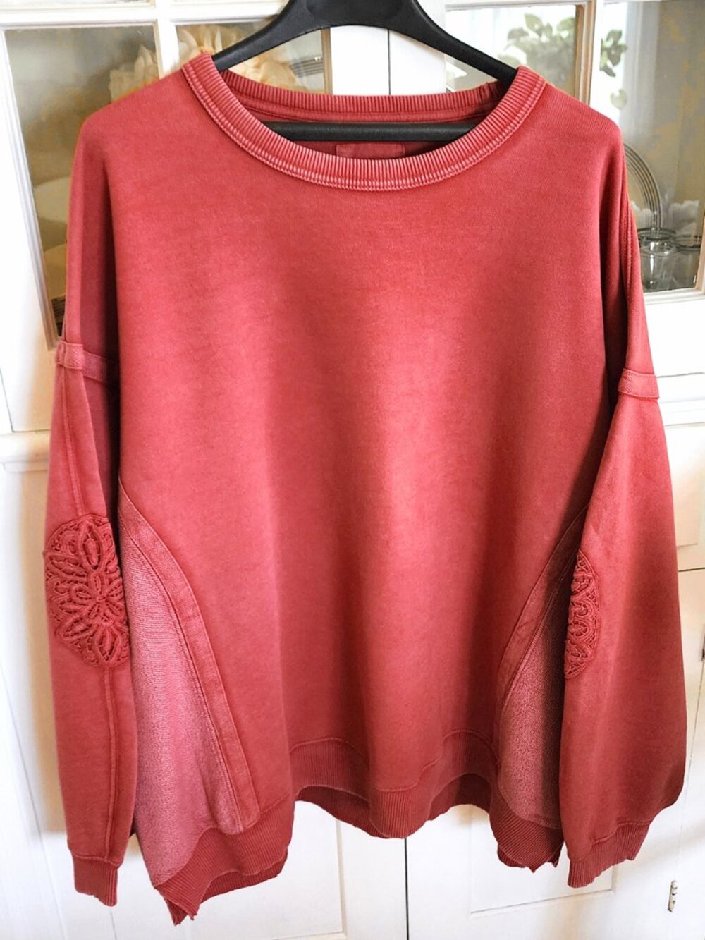 Aerie Keep It Light Sweatshirt,  XL,  Washed Red,  Crochet Detail